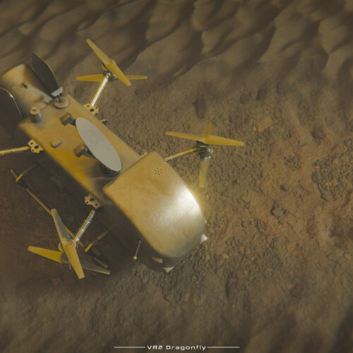 VR2Dragonfly VR app showing NASA Dragonfly rotorcraft mission exploring Titan surface