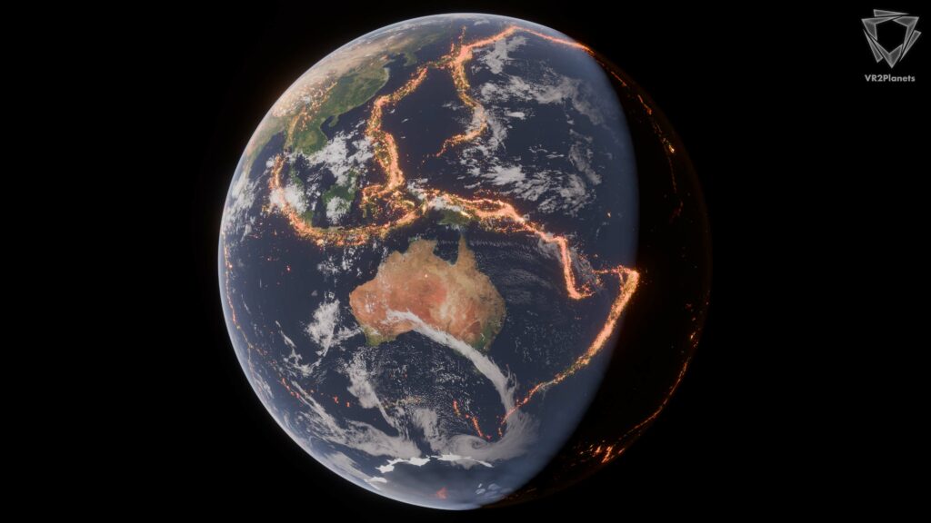 3D seismic data visualization showing global earthquake distribution and tectonic plate boundaries