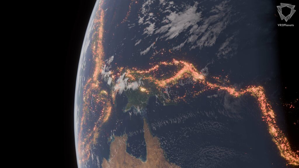 3D seismic data visualization showing global earthquake distribution and tectonic fault lines on Earth