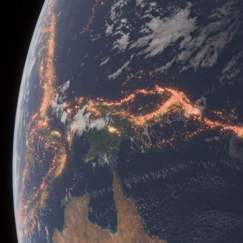 3D seismic data visualization showing global earthquake distribution and tectonic fault lines on Earth