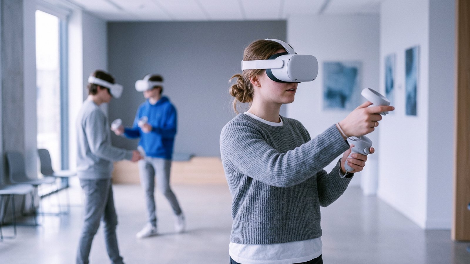 Students exploring a terrain with standalone VR headsets in a classroom
