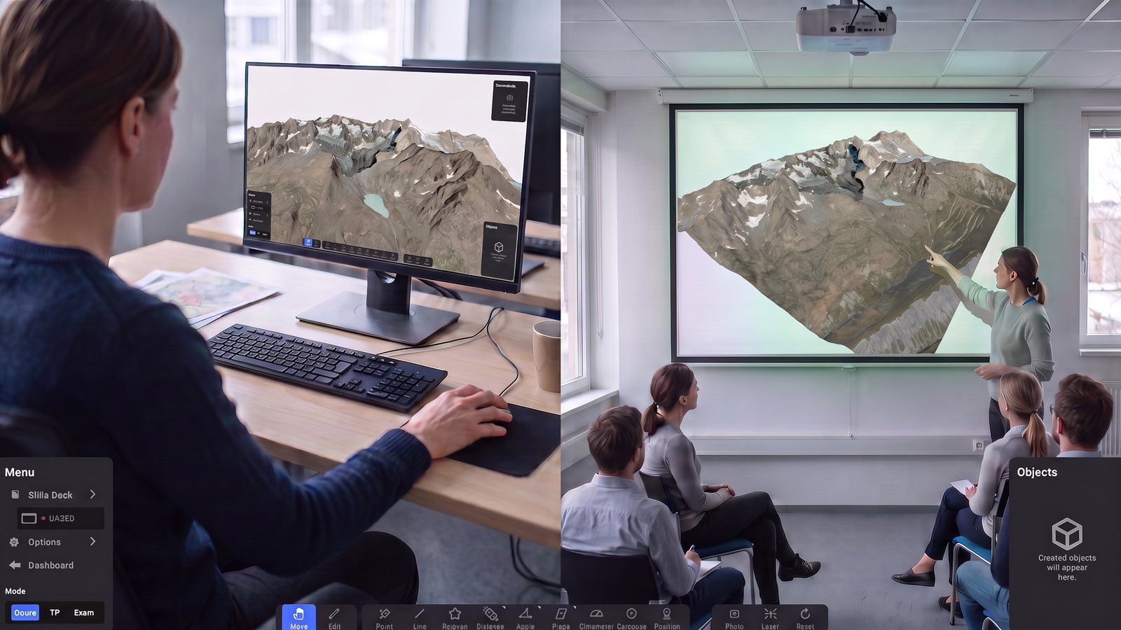 A 3D terrain on a standard desktop screen and on a meeting-room projector