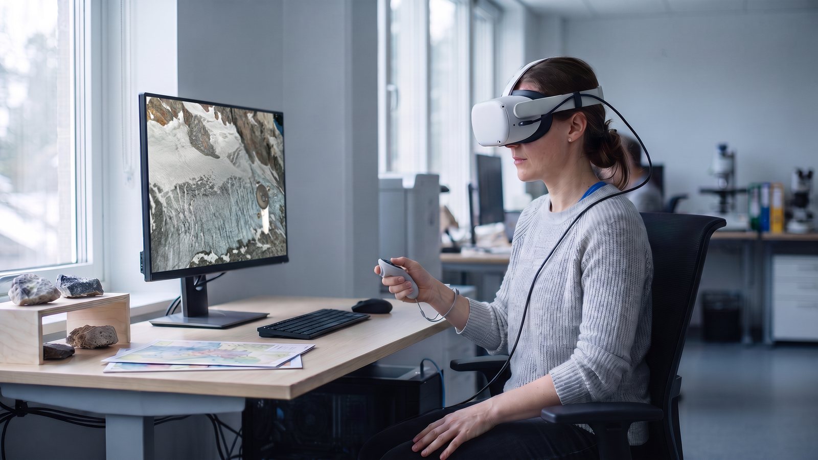 Geoscientist wearing a PC-tethered VR headset at a workstation