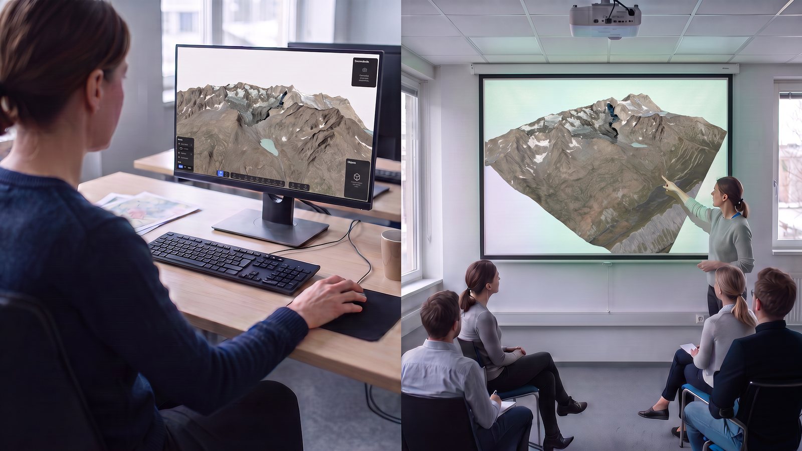 A 3D terrain on a standard desktop screen and on a meeting-room projector